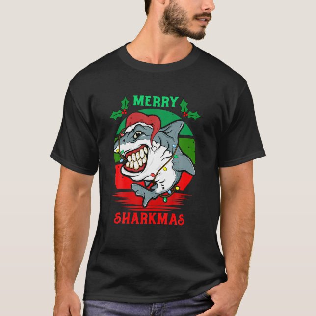 Santa Hat Shark Merry Sharkmas Christmas Red Waves T-Shirt (Front)