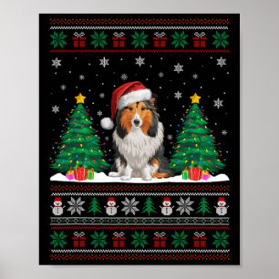 Santa Hat Shetland Sheepdog Dog Xmas Tree Light Ug Poster