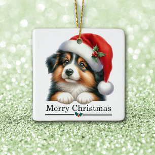Santa Hat Shetland Sheepdog Puppy Merry Christmas Ceramic Ornament