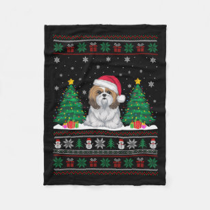 Santa Hat Shih Tzu Dog Christmas Tree Lights Ugly  Fleece Blanket