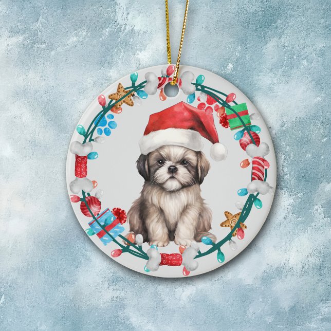 Santa Hat Shih Tzu Puppy Bone Wreath Ceramic Ornament (Creator Uploaded)