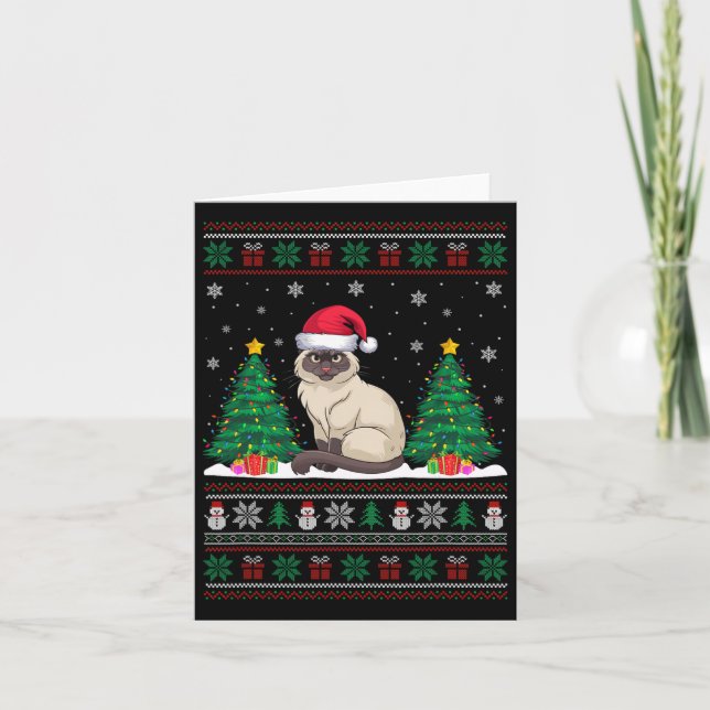 Santa Hat Siamese Cat Christmas Tree Lights Ugly S Card (Front)