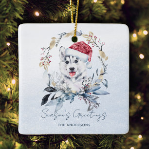 Santa Hat Siberian Husky Puppy Custom Christmas Ceramic Ornament