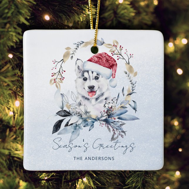 Santa Hat Siberian Husky Puppy Custom Christmas Ceramic Ornament (Creator Uploaded)