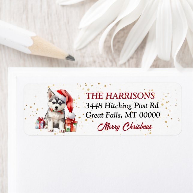 Santa Hat Siberian Husky Puppy Gifts Label (Insitu)
