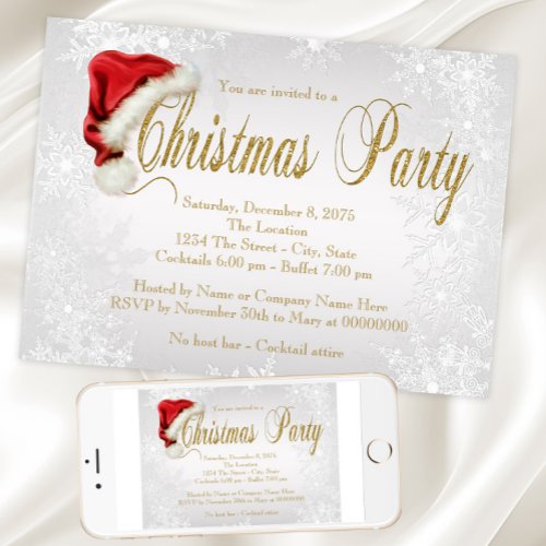 Santa Hat Silver Snowflake Christmas Party Invitation