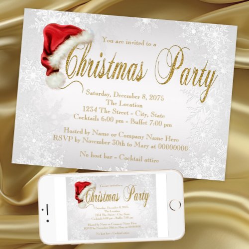 Santa Hat Silver Snowflake Christmas Party Invitation
