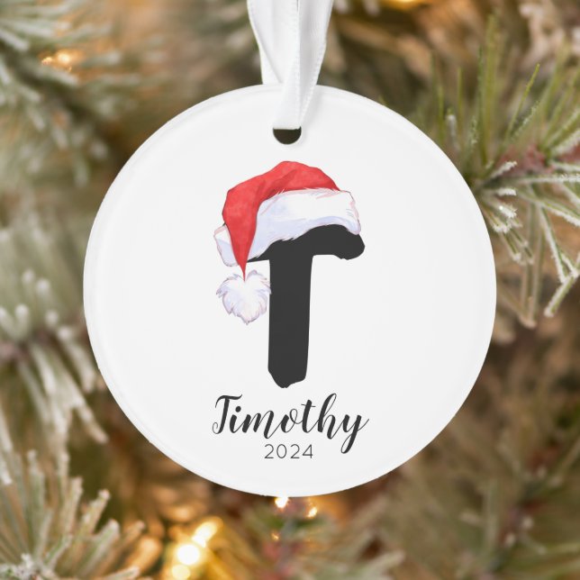 Santa Hat Simple Customizable Letter T Christmas Ornament (Tree)