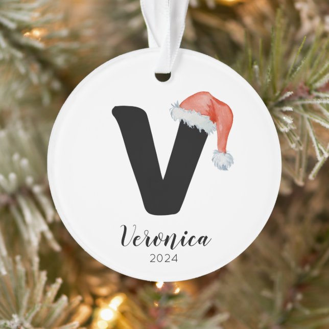Santa Hat Simple Customizable Letter V Christmas Ornament (Tree)
