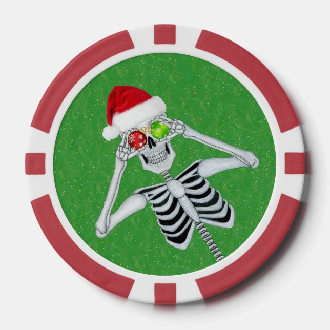 Santa Hat Skeleton Ornament Eyes on Green Sparkles Poker Chips (Front)