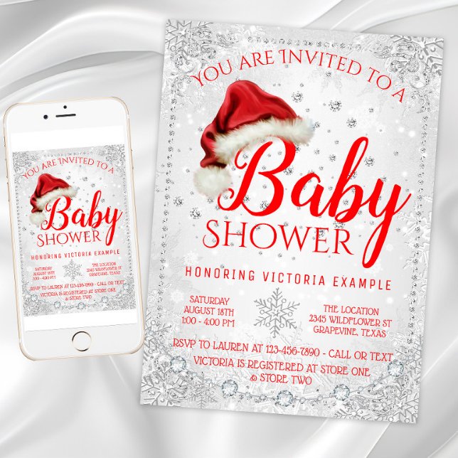Santa Hat Snowflake Christmas Baby Shower Invitation