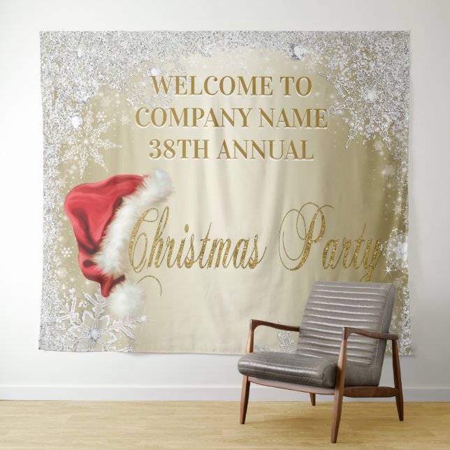 Santa Hat Snowflake Christmas Party Backdrop Gold (In Situ (Horizontal))