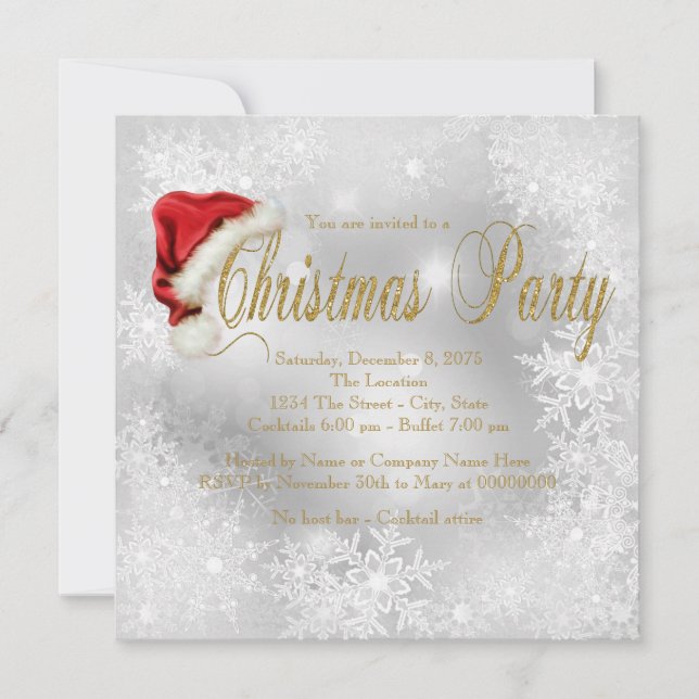 Santa Hat Snowflake Christmas Party Inivtations Invitation (Front)