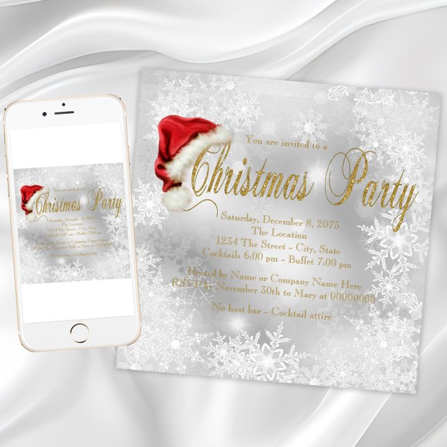Santa Hat Snowflake Christmas Party Invitation (Santa hat snowflake Christmas party invitations. Instant download and printed invitations available.)