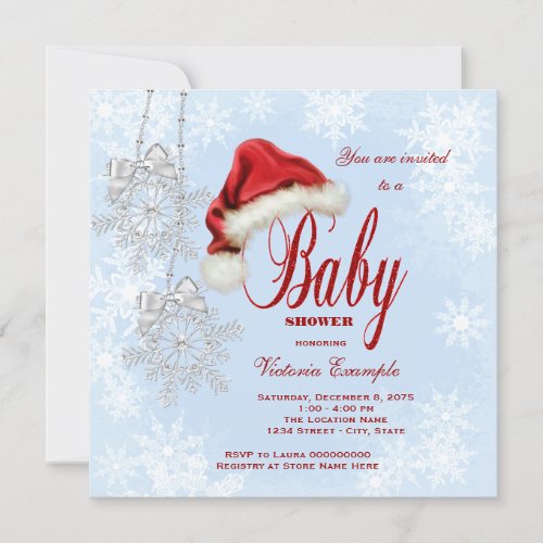 Santa Hat Snowflakes Christmas Baby Shower Invitation