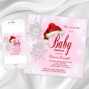Santa Hat Snowflakes Girls Christmas Baby Shower Invitation