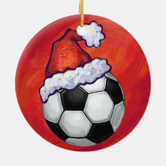 Santa Hat Soccer Ball on Red Ceramic Ornament (Back)