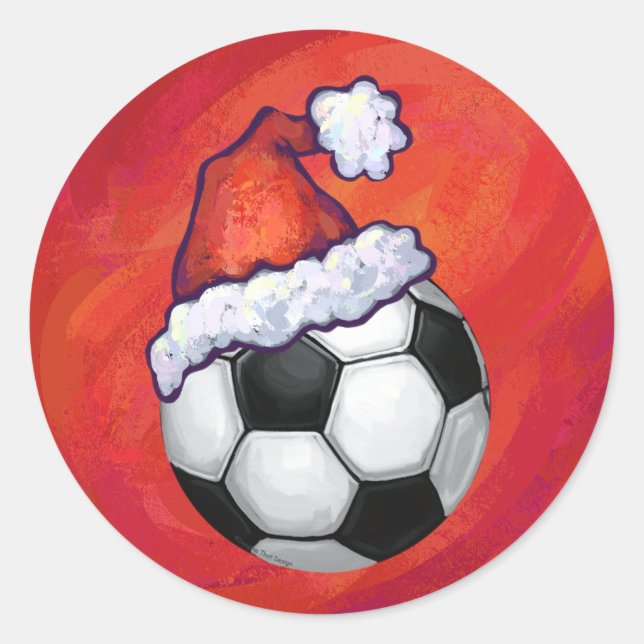 Santa Hat Soccer Ball on Red Classic Round Sticker (Front)