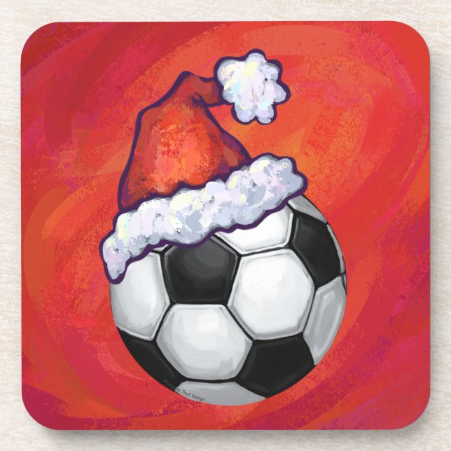 Santa Hat Soccer Ball on Red Drink Coaster (Front)