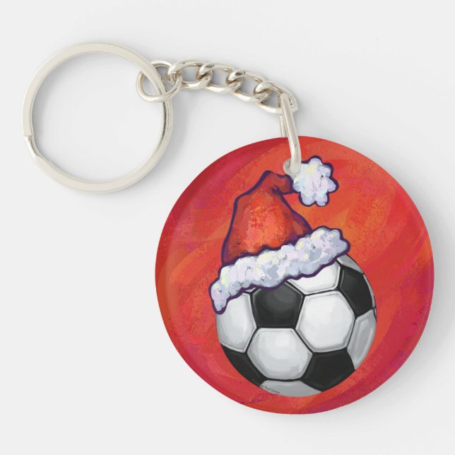 Santa Hat Soccer Ball on Red Keychain (Front)