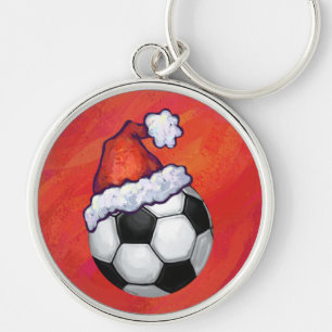 Santa Hat Soccer Ball on Red Keychain