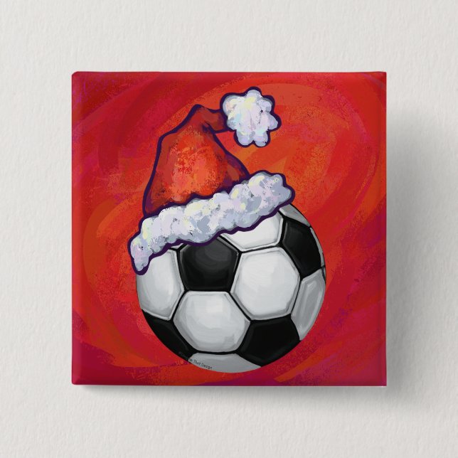 Santa Hat Soccer Ball on Red Pinback Button (Front)