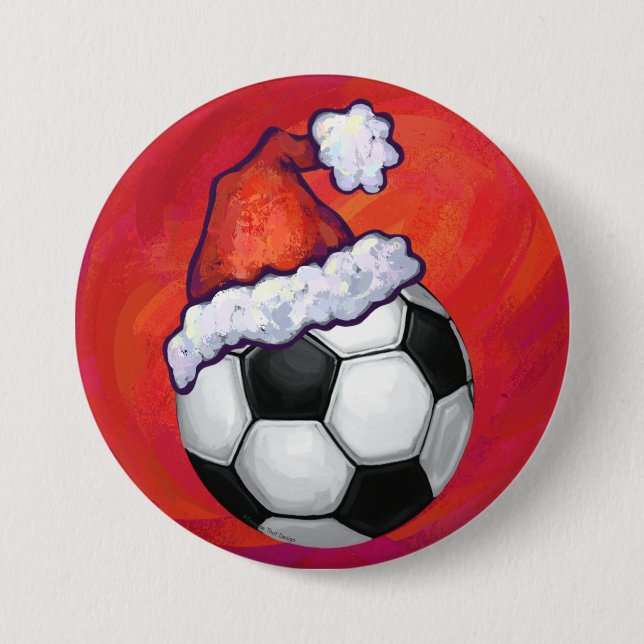 Santa Hat Soccer Ball on Red Pinback Button (Front)