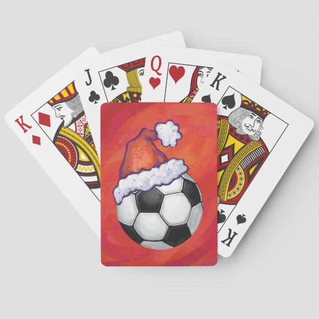 Santa Hat Soccer Ball on Red Poker Cards (Back)