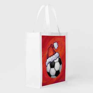 Santa Hat Soccer Ball on Red Reusable Grocery Bag