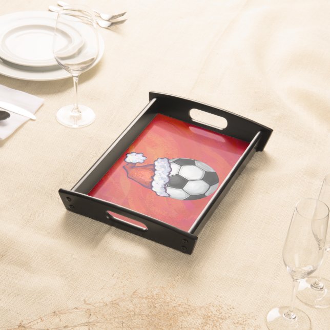 Santa Hat Soccer Ball on Red Serving Tray (Front)