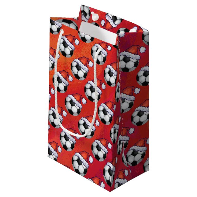 Santa Hat Soccer Ball on Red Small Gift Bag (Front Angled)