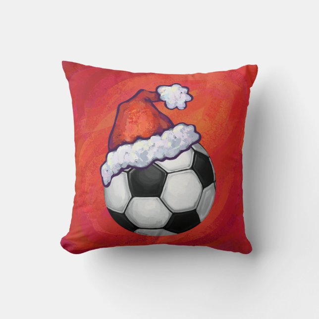 Santa Hat Soccer Ball on Red Throw Pillow (Front)