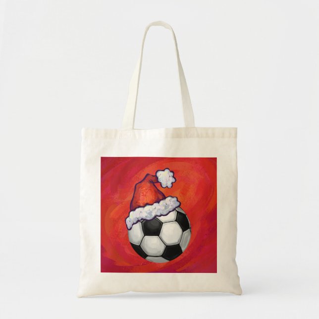 Santa Hat Soccer Ball on Red Tote Bag (Front)