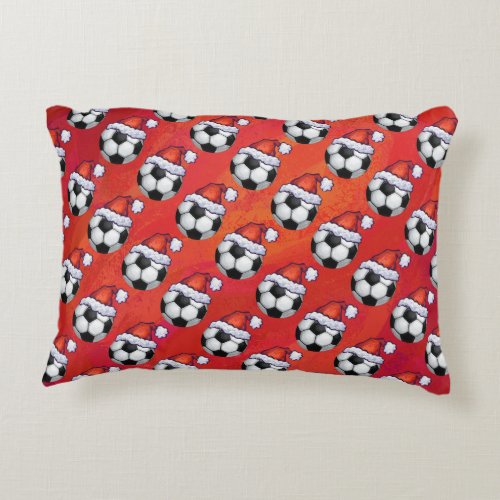 Santa Hat Soccer Ball Pattern on Red Decorative Pillow