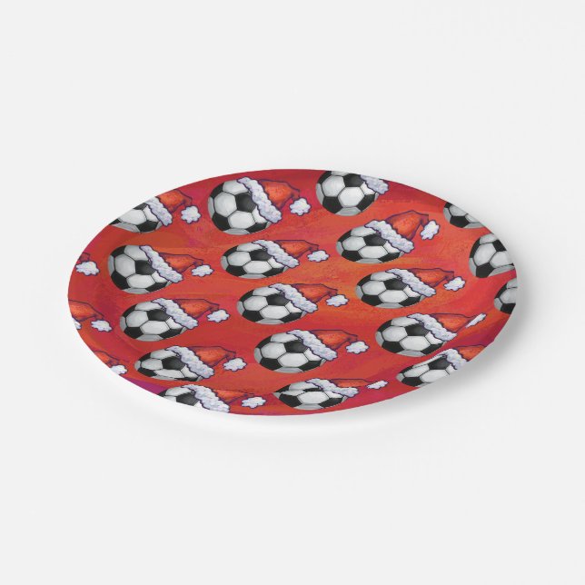 Santa Hat Soccer Ball Pattern on Red Paper Plates (Angled)