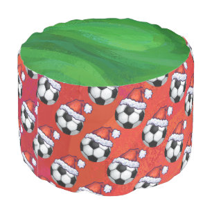 Santa Hat Soccer Ball Pattern on Red Pouf