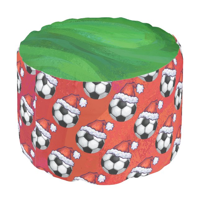 Santa Hat Soccer Ball Pattern on Red Pouf (Angled Back)