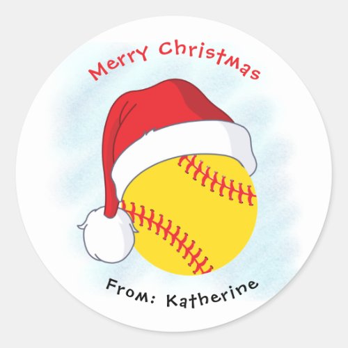 Santa Hat Softball Merry Christmas  Classic Round Sticker