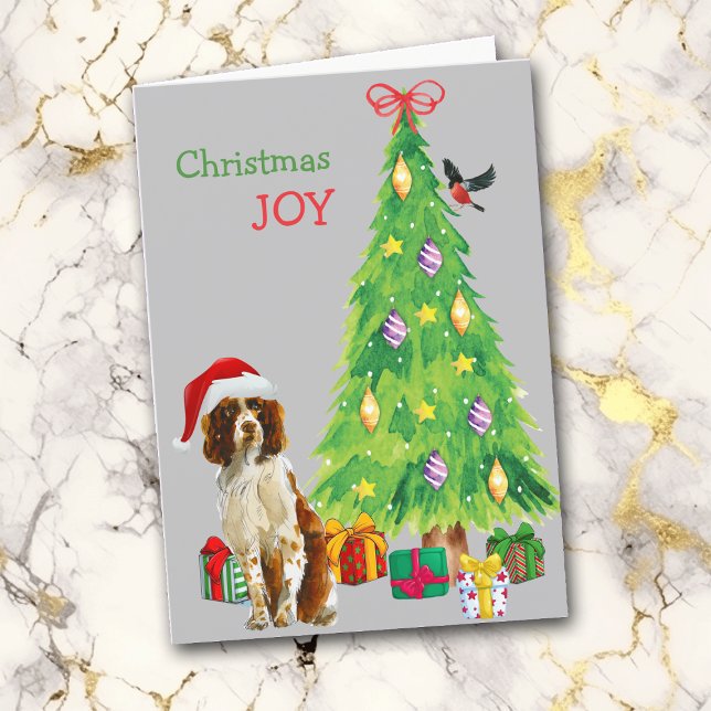 Santa Hat Springer Spaniel and Christmas Tree Holiday Card (Creator Uploaded)