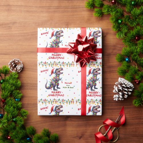 Santa Hat T_Rex Dinosaur Kids Christmas Wrapping Paper