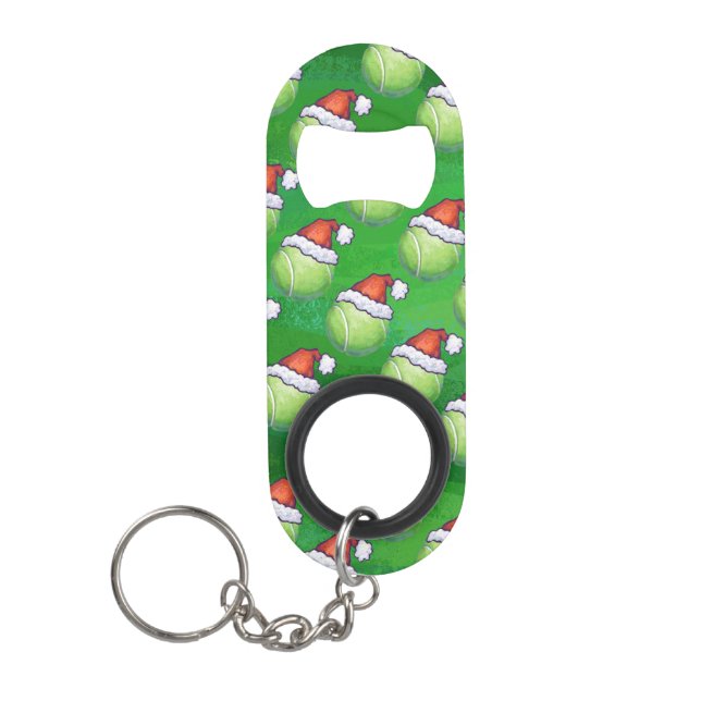 Santa Hat Tennis Ball Christmas Green Keychain Bottle Opener (Front)