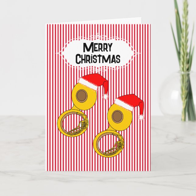 Santa Hat Tuba Srtipes Letterpress Thank You Card (Front)