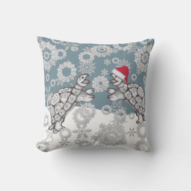 Santa Hat, Turtles & Snowflakes Winter Christmas Throw Pillow (Front)