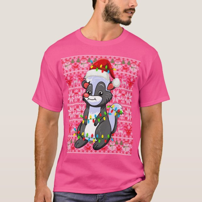 Santa Hat Ugly Christmas Light Skunk T-Shirt (Front)