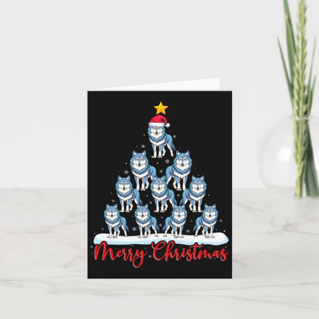 Santa Hat Ugly Xmas Funny Wolf Christmas Tree  Card (Front)