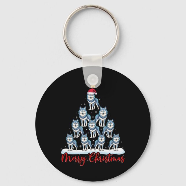 Santa Hat Ugly Xmas Funny Wolf Christmas Tree  Keychain (Front)