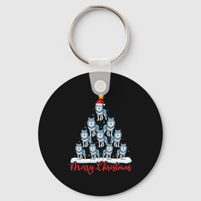 Santa Hat Ugly Xmas Funny Wolf Christmas Tree  Keychain (Front)