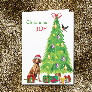 Santa Hat Vizsla, Bird and Christmas Tree Holiday Card