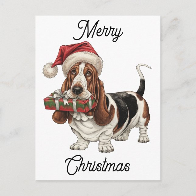 santa hat wearing basset hound personalized holiday postcard (Front)