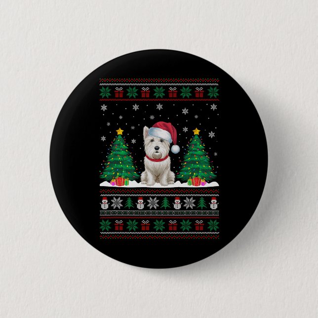 Santa Hat Westie Dog Christmas Tree Lights Ugly Sw Button (Front)